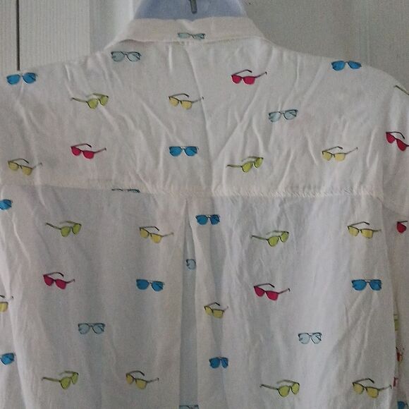 Jane and Delancey white multicolor sunglass print button down blouse Sz L - Picture 6 of 8
